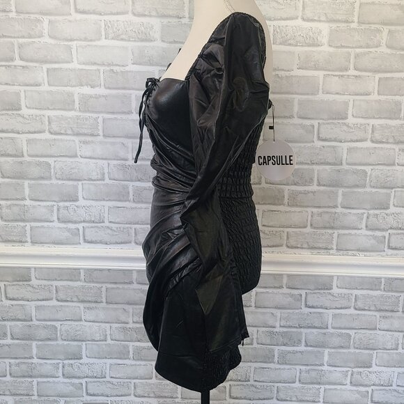 Capsulle Black Faux Leather Mini Dress Bodycon Edgy Glam Goth Long Sleeve NEW S - Picture 3 of 8
